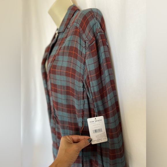 NWT Free People Gray and Red Oversized Button Down Shirt - Picture 9 of 10